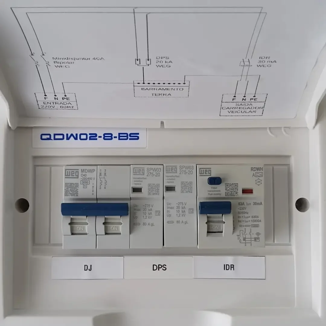 Detalhe interno do quadro elétrico do carregador veicular